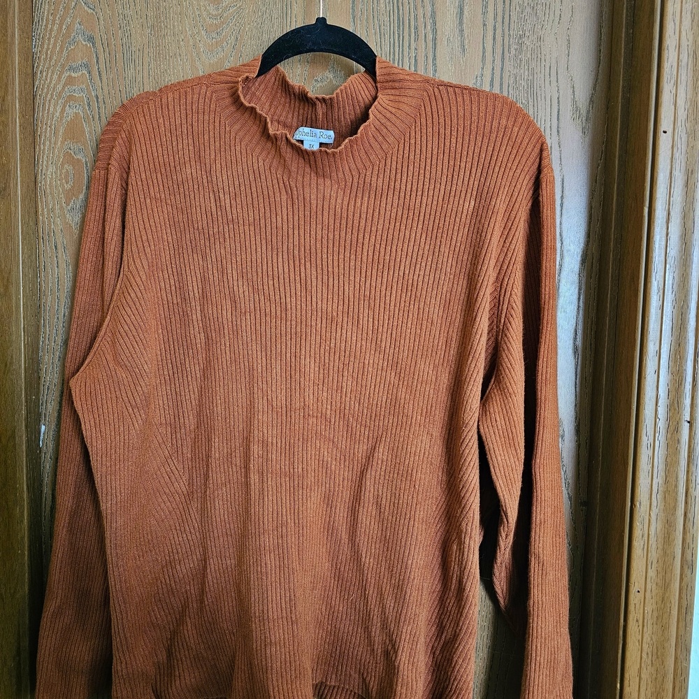Ophelia Roe Ribbed Mock Neck Sweater | Rust Brown | Size 3X